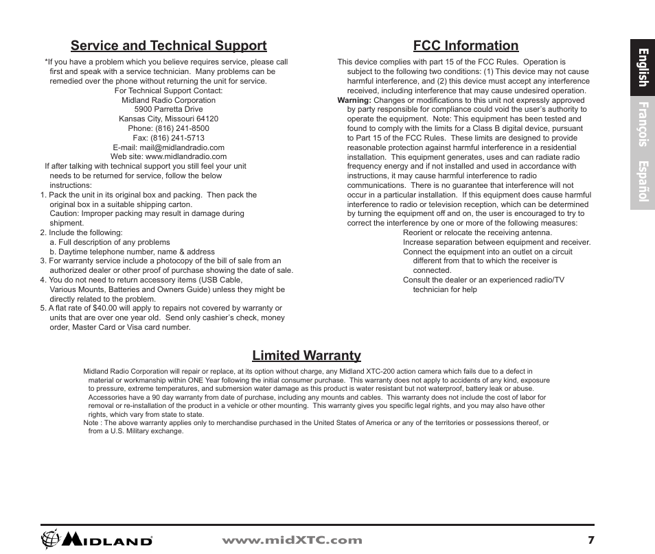 Service and technical support, Limited warranty, Fcc information | English françois español | Midland Radio XTC-200 User Manual | Page 8 / 28