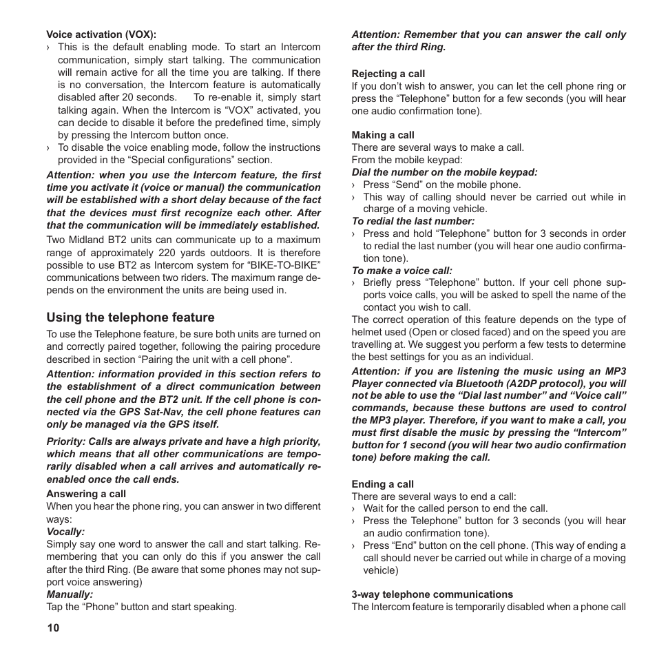 Using the telephone feature | MIDLAND BT2 User Manual | Page 10 / 23
