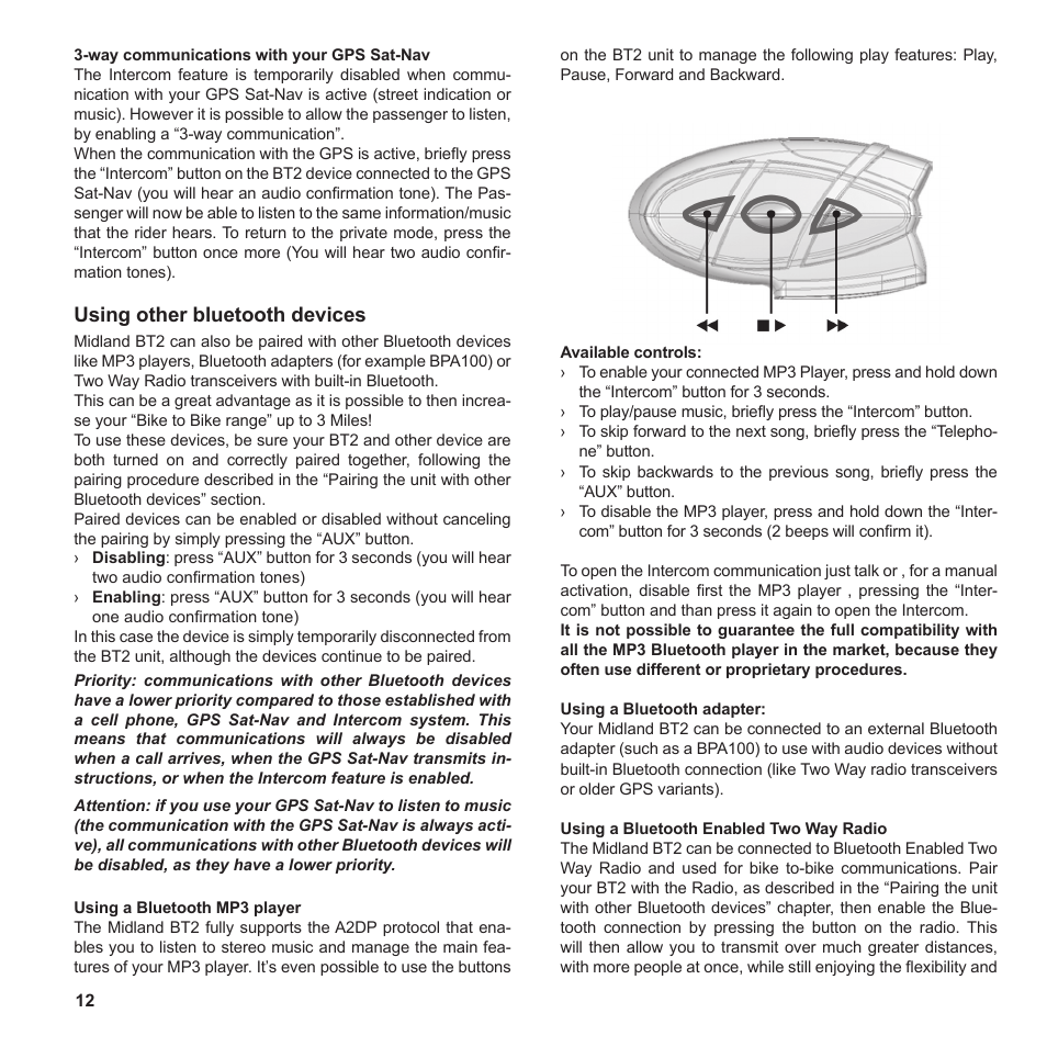 Using other bluetooth devices | MIDLAND BT2 User Manual | Page 12 / 23