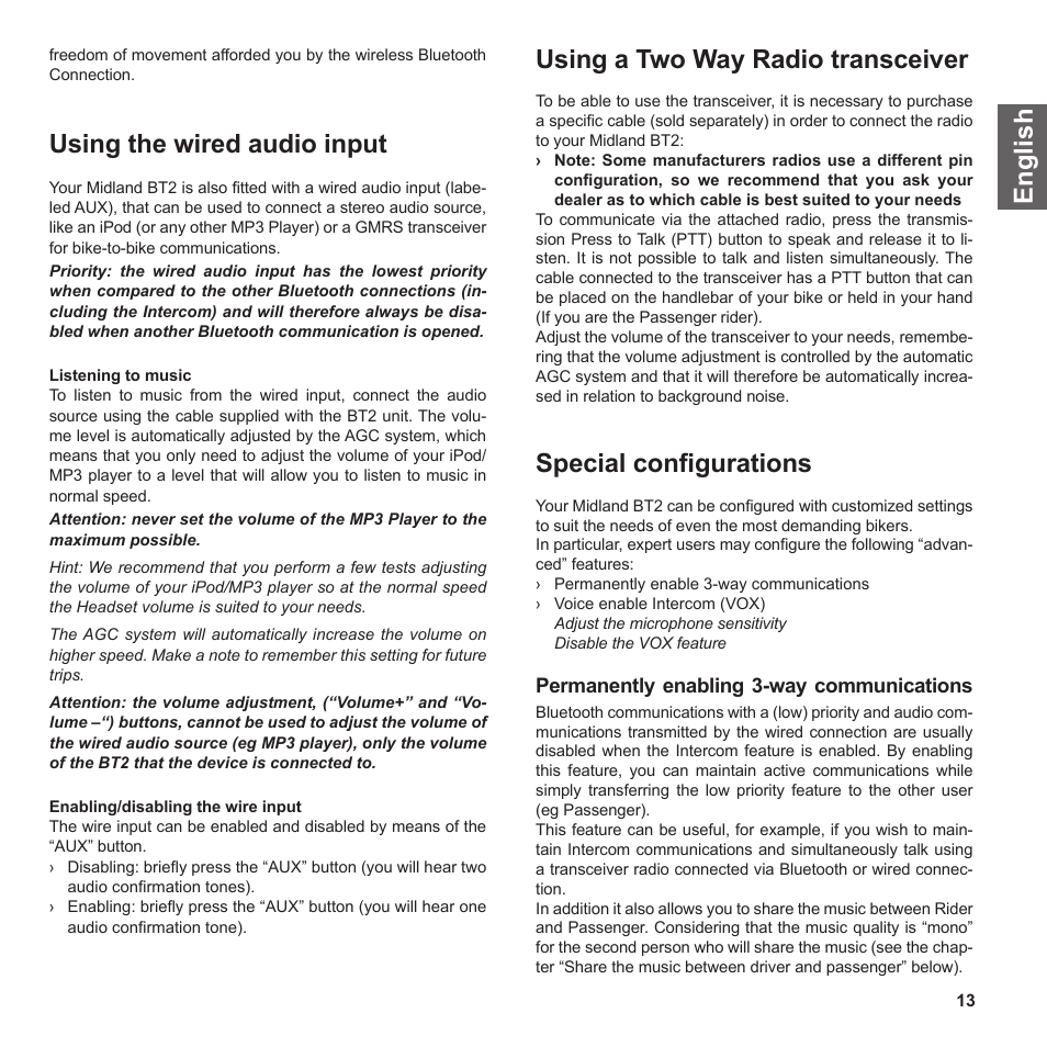 En g li s h, Using the wired audio input, Using a two way radio transceiver | Special conﬁgurations | MIDLAND BT2 User Manual | Page 13 / 23