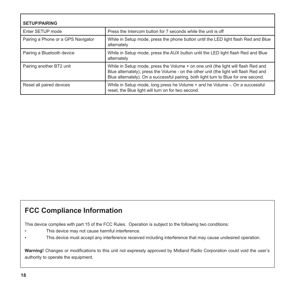 Fcc compliance information | MIDLAND BT2 User Manual | Page 18 / 23
