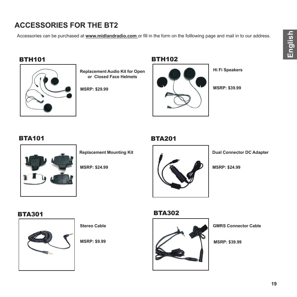 En g li s h accessories for the bt2 | MIDLAND BT2 User Manual | Page 19 / 23