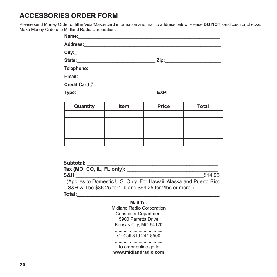 Accessories order form | MIDLAND BT2 User Manual | Page 20 / 23