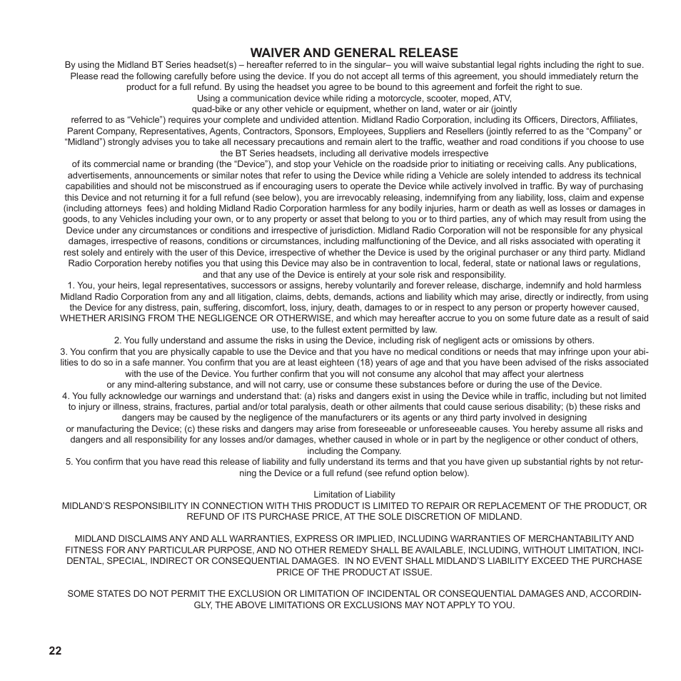 Waiver and general release | MIDLAND BT2 User Manual | Page 22 / 23