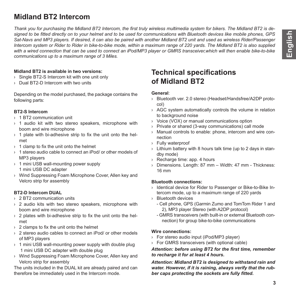 En g li s h midland bt2 intercom, Technical speciﬁcations of midland bt2 | MIDLAND BT2 User Manual | Page 3 / 23