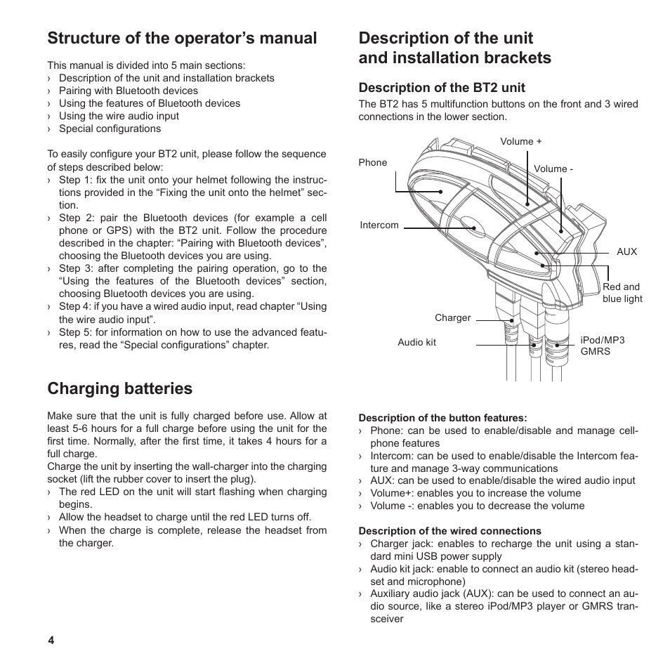 Structure of the operator’s manual, Charging batteries, Description of the unit and installation brackets | MIDLAND BT2 User Manual | Page 4 / 23