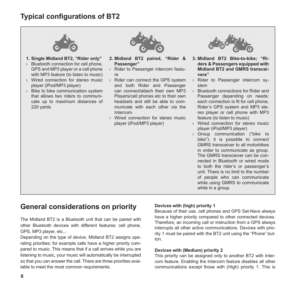 Typical conﬁ gurations of bt2, General considerations on priority | MIDLAND BT2 User Manual | Page 6 / 23