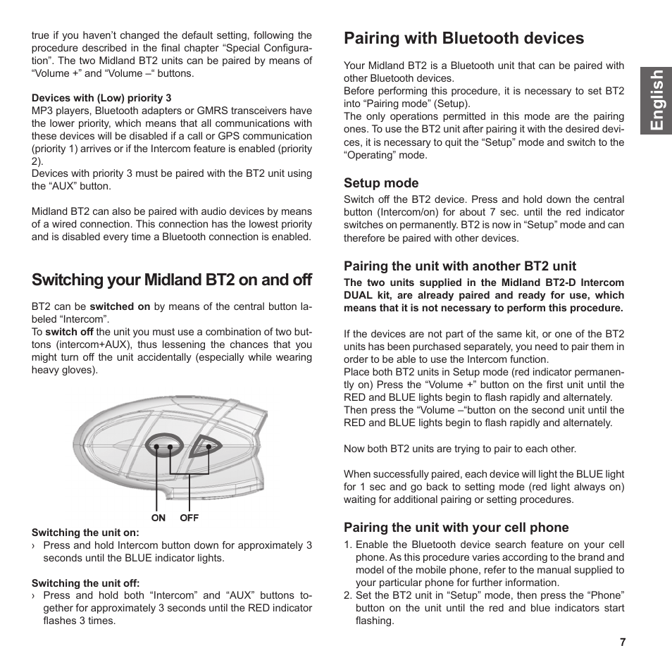 En g li s h, Switching your midland bt2 on and off, Pairing with bluetooth devices | MIDLAND BT2 User Manual | Page 7 / 23