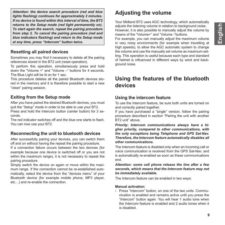 En g li s h, Adjusting the volume, Using the features of the bluetooth devices | MIDLAND BT2 User Manual | Page 9 / 23