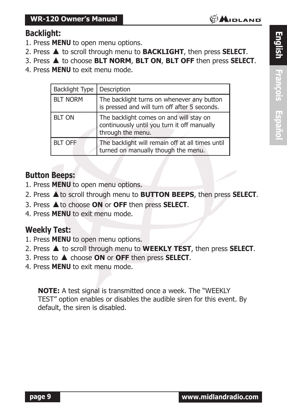English françois español, Backlight, Button beeps | Weekly test | MIDLAND WR-120 Owner Manual User Manual | Page 10 / 39