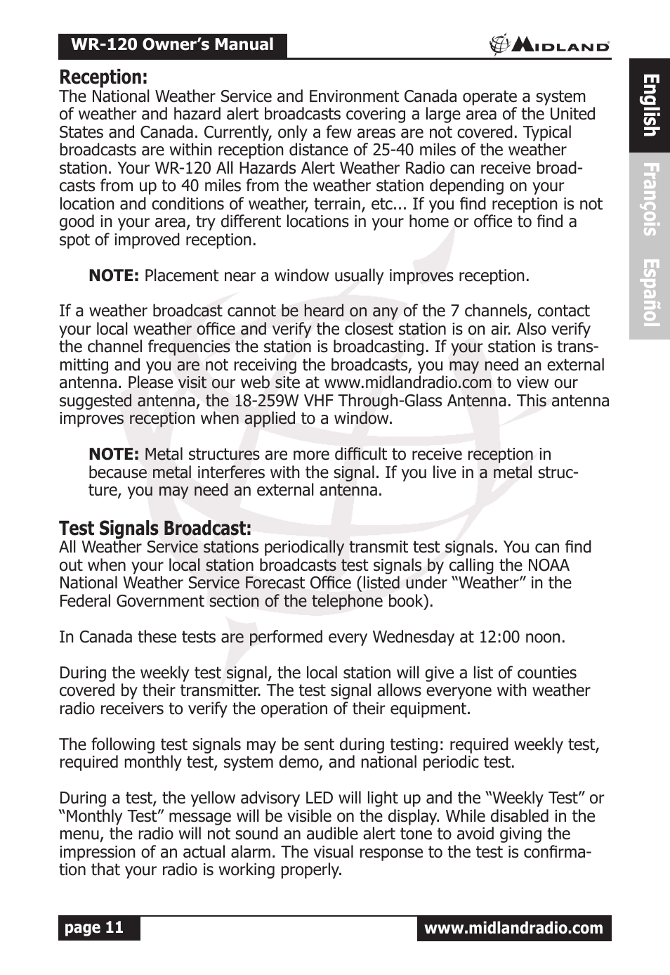 English françois español | MIDLAND WR-120 Owner Manual User Manual | Page 12 / 39