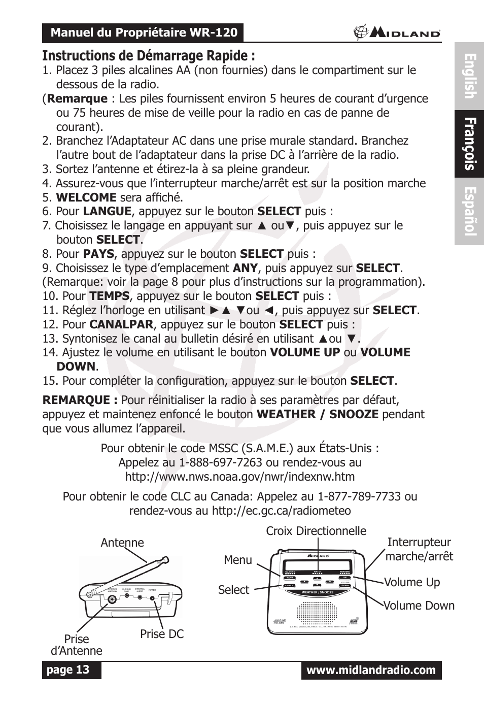 François, English françois español, Instructions de démarrage rapide | MIDLAND WR-120 Owner Manual User Manual | Page 14 / 39