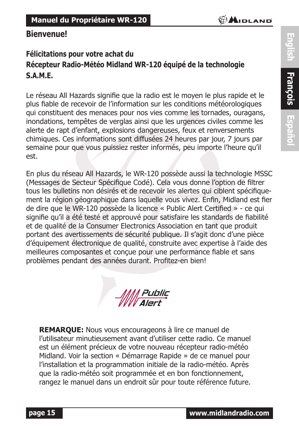 English françois español | MIDLAND WR-120 Owner Manual User Manual | Page 16 / 39