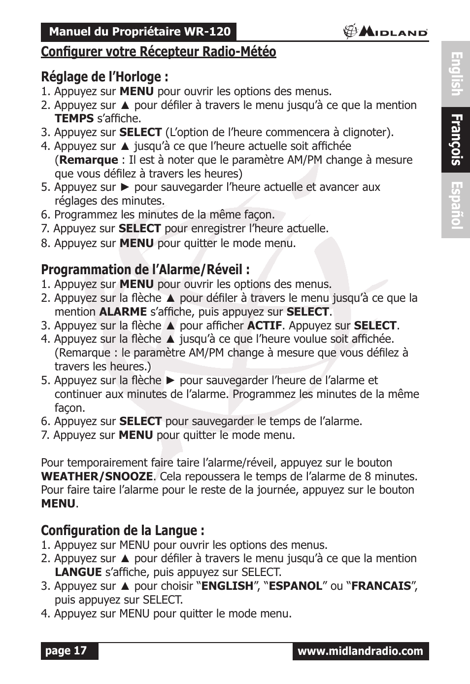 English françois español | MIDLAND WR-120 Owner Manual User Manual | Page 18 / 39