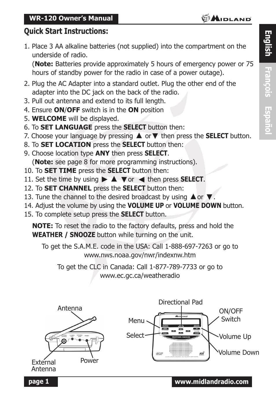 English, English françois español | MIDLAND WR-120 Owner Manual User Manual | Page 2 / 39