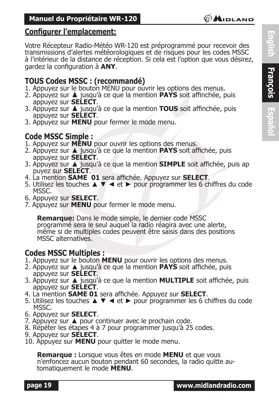 English françois español | MIDLAND WR-120 Owner Manual User Manual | Page 20 / 39