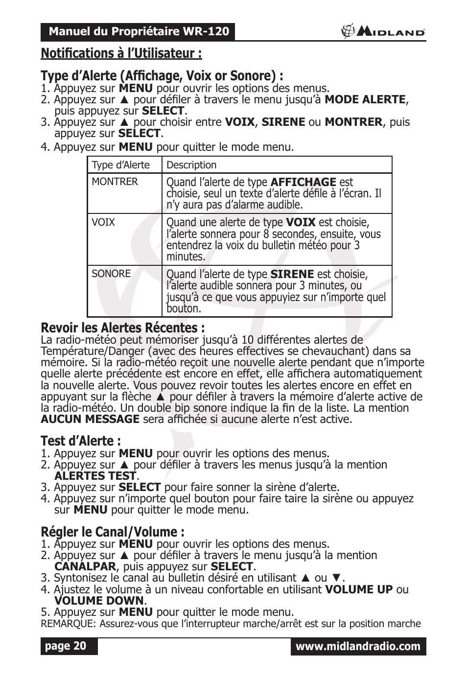 Revoir les alertes récentes, Test d’alerte, Régler le canal/volume | MIDLAND WR-120 Owner Manual User Manual | Page 21 / 39