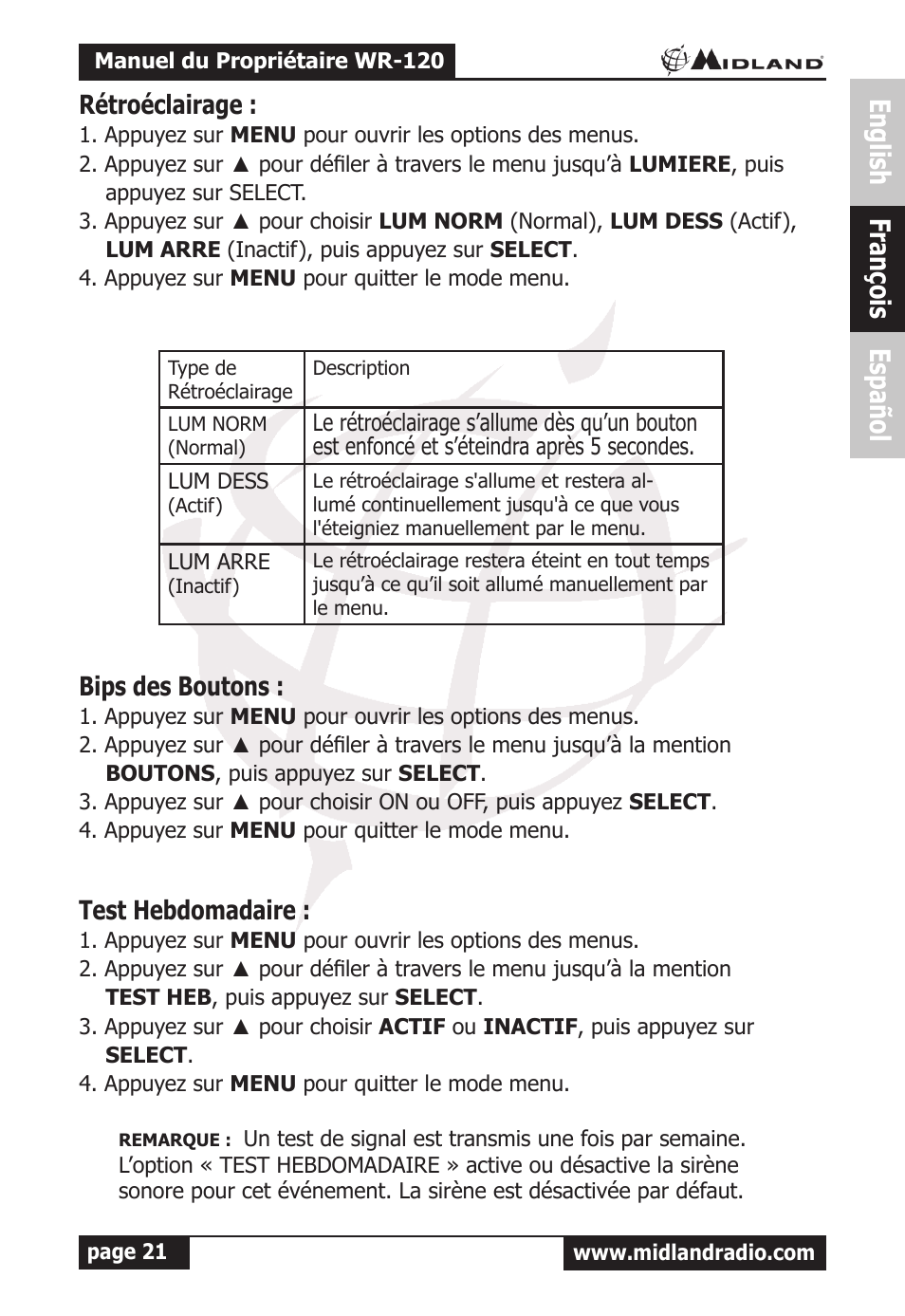 English françois español, Rétroéclairage, Bips des boutons | Test hebdomadaire | MIDLAND WR-120 Owner Manual User Manual | Page 22 / 39