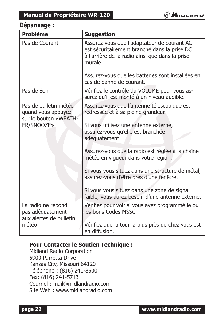 Dépannage | MIDLAND WR-120 Owner Manual User Manual | Page 23 / 39