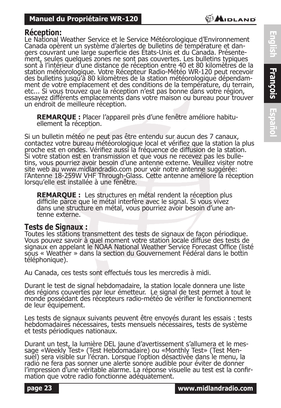 English françois español, Réception, Tests de signaux | MIDLAND WR-120 Owner Manual User Manual | Page 24 / 39