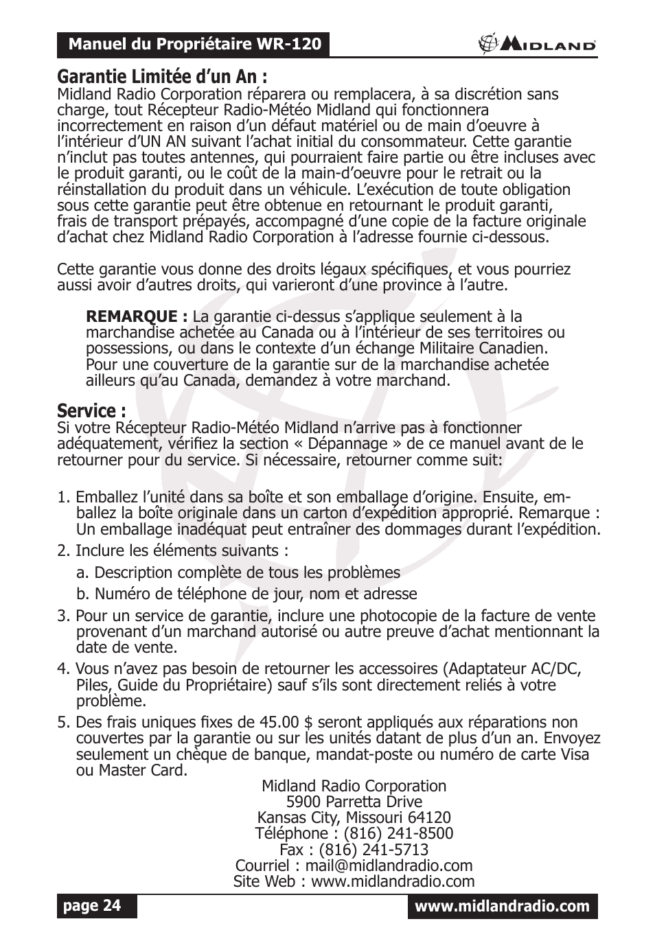 Garantie limitée d’un an, Service | MIDLAND WR-120 Owner Manual User Manual | Page 25 / 39