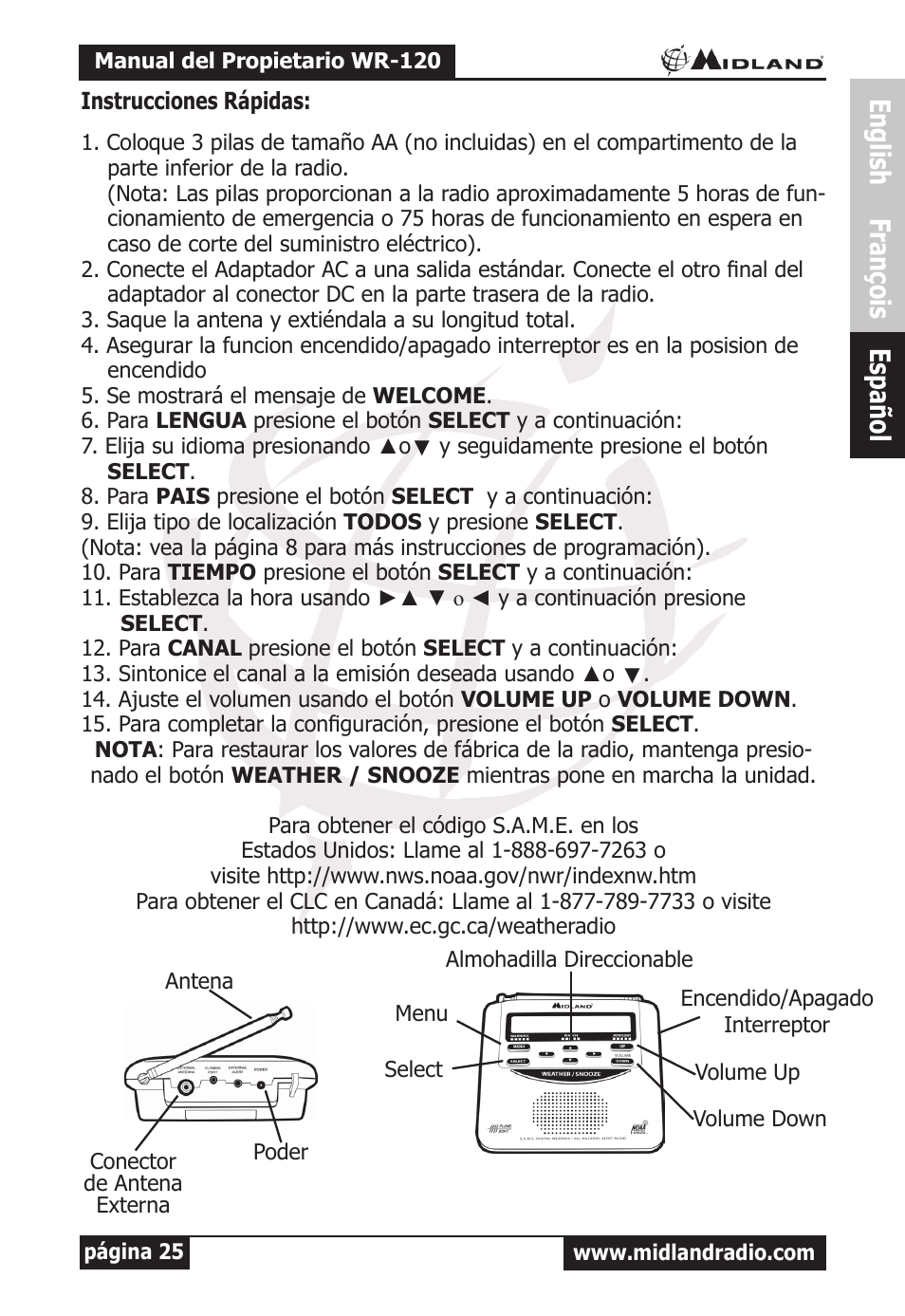 Español, English françois español | MIDLAND WR-120 Owner Manual User Manual | Page 26 / 39