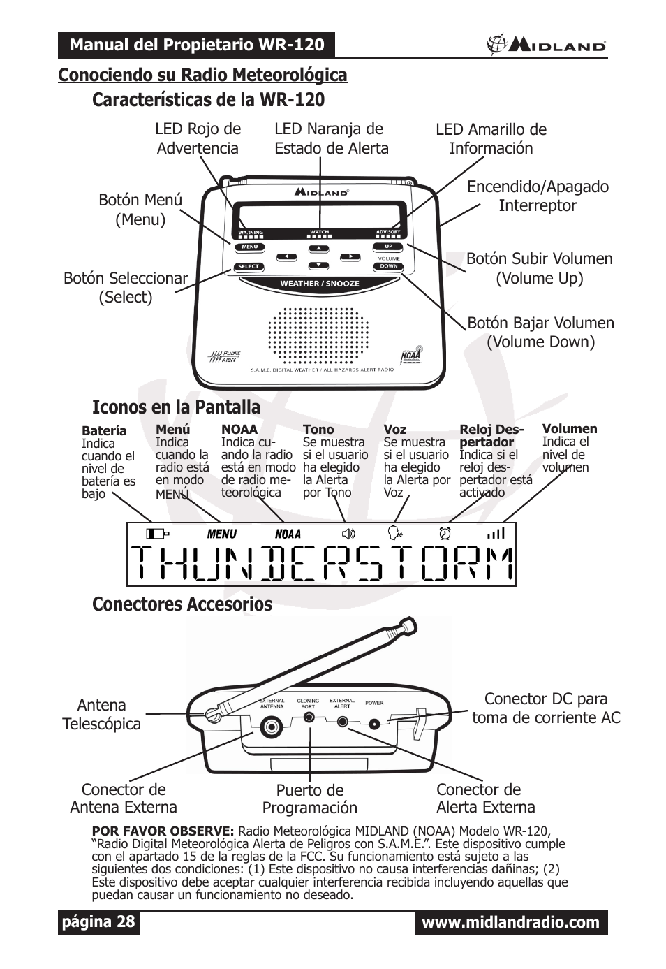 Iconos en la pantalla conectores accesorios, Características de la wr-120, Conociendo su radio meteorológica | MIDLAND WR-120 Owner Manual User Manual | Page 29 / 39