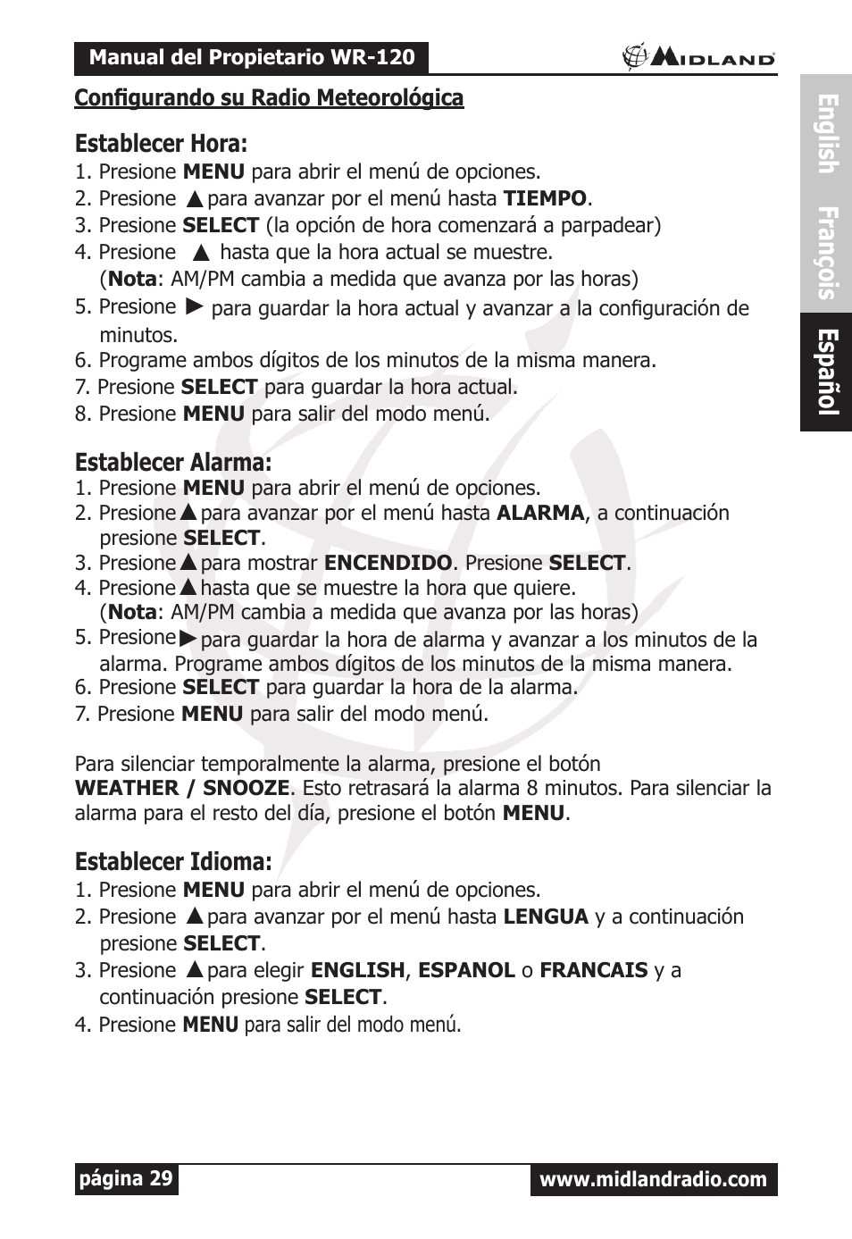 English françois español | MIDLAND WR-120 Owner Manual User Manual | Page 30 / 39