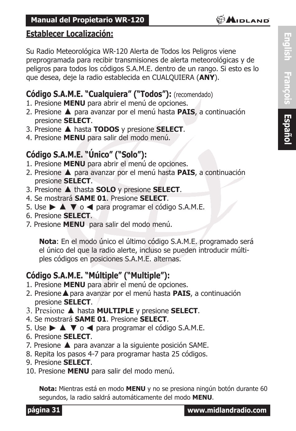 English françois español | MIDLAND WR-120 Owner Manual User Manual | Page 32 / 39