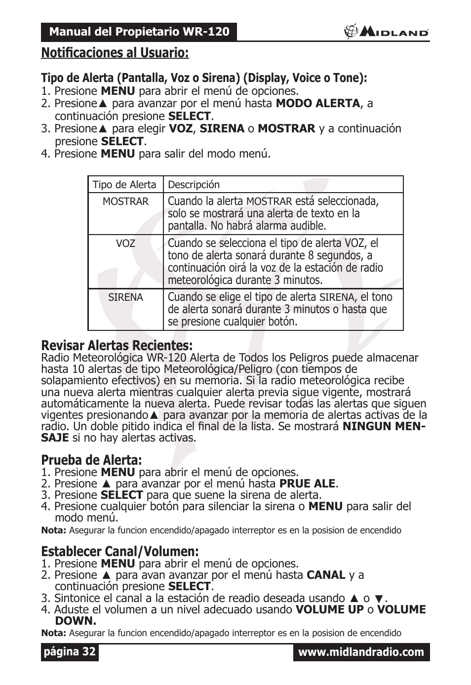 Notificaciones al usuario, Revisar alertas recientes, Prueba de alerta | Establecer canal/volumen | MIDLAND WR-120 Owner Manual User Manual | Page 33 / 39