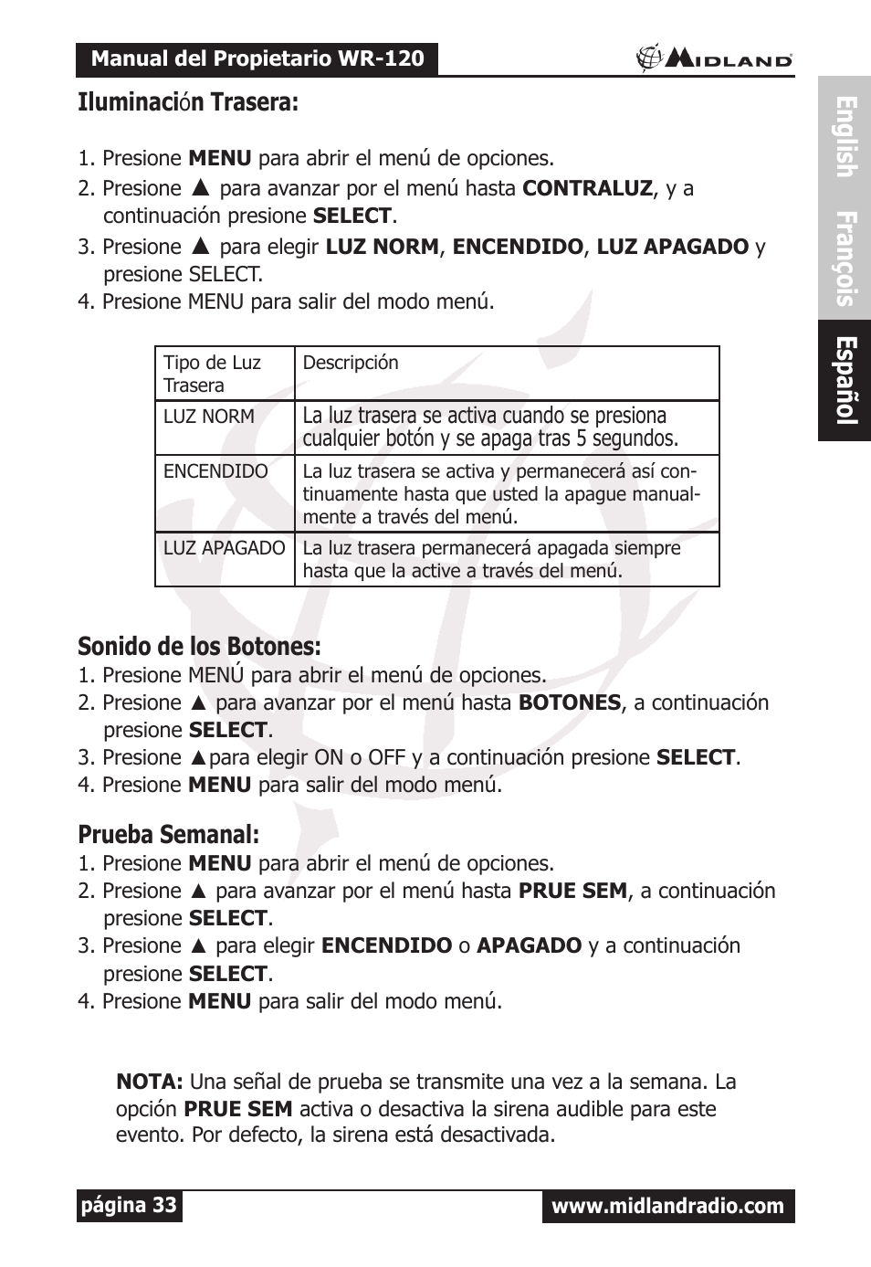 English françois español, Iluminaci, N trasera | Sonido de los botones, Prueba semanal | MIDLAND WR-120 Owner Manual User Manual | Page 34 / 39