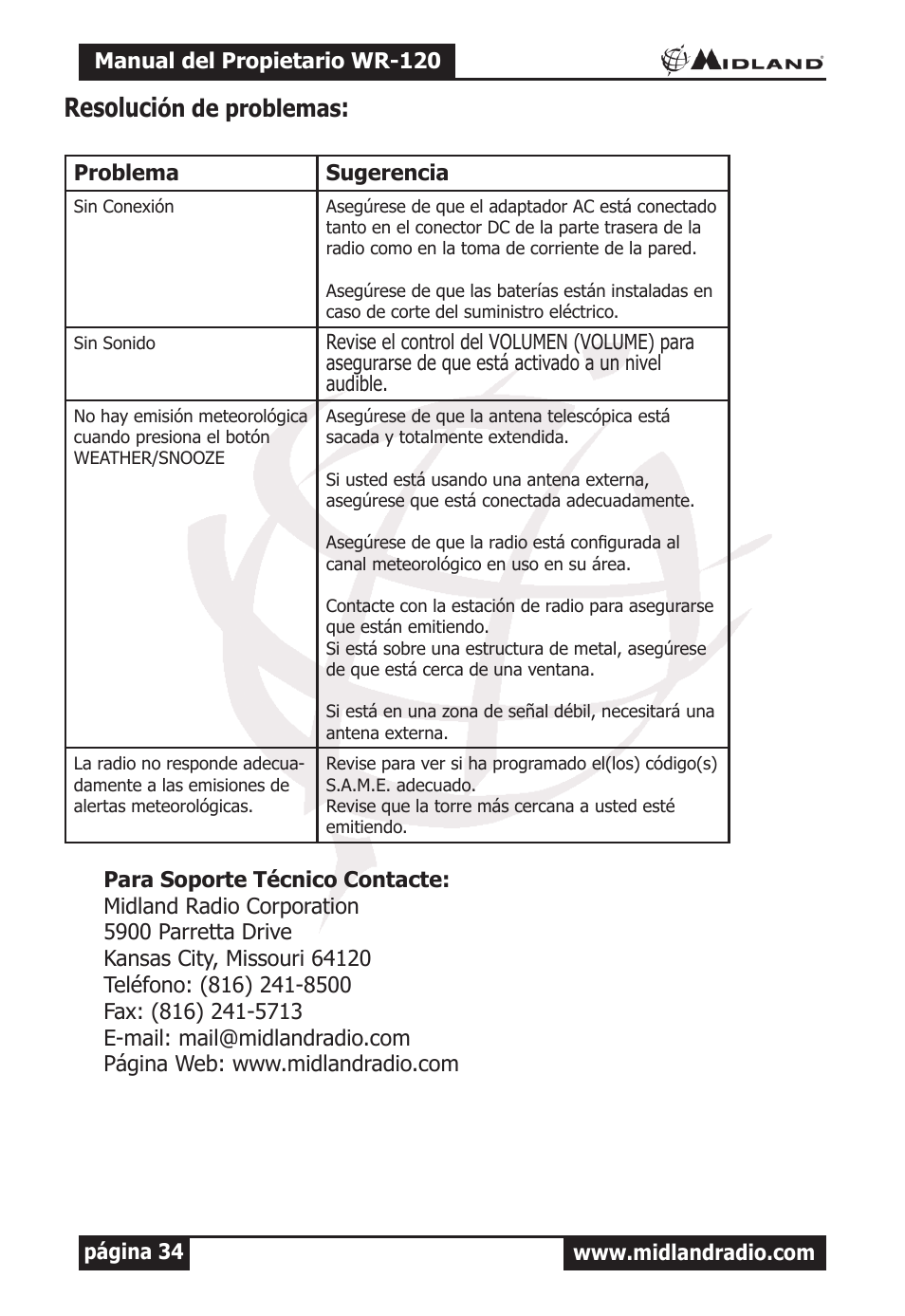 Resoluci, Ón de problemas | MIDLAND WR-120 Owner Manual User Manual | Page 35 / 39