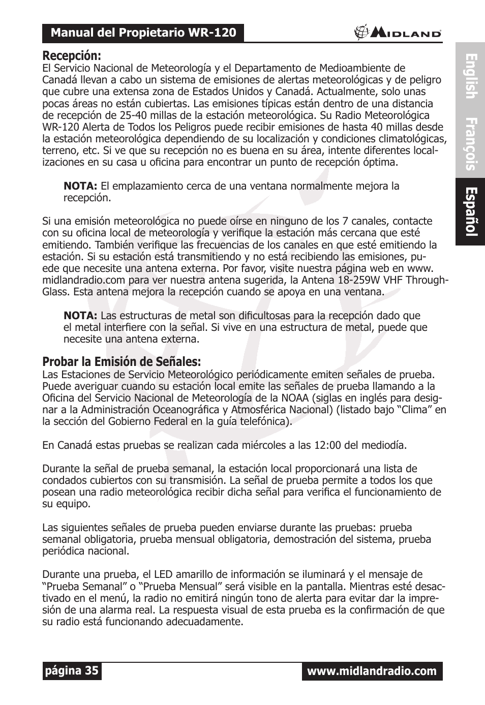 English françois español, Recepción, Probar la emisión de señales | MIDLAND WR-120 Owner Manual User Manual | Page 36 / 39