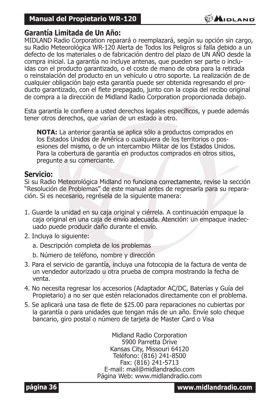 Garantía limitada de un año, Servicio | MIDLAND WR-120 Owner Manual User Manual | Page 37 / 39