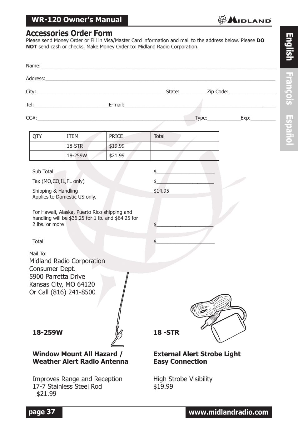 English françois español, Accessories order form, Wr-120 owner’s manual | MIDLAND WR-120 Owner Manual User Manual | Page 38 / 39