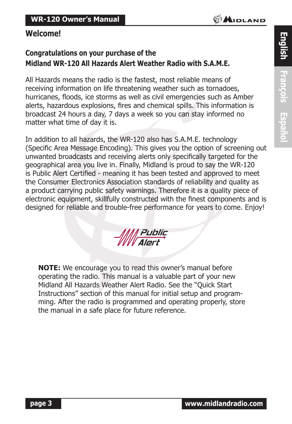 English françois español | MIDLAND WR-120 Owner Manual User Manual | Page 4 / 39