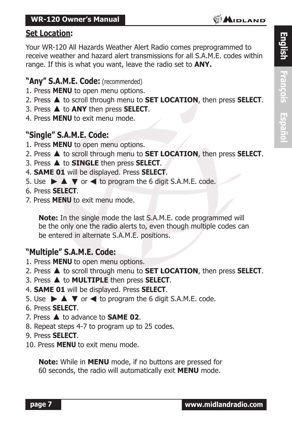 English françois español | MIDLAND WR-120 Owner Manual User Manual | Page 8 / 39