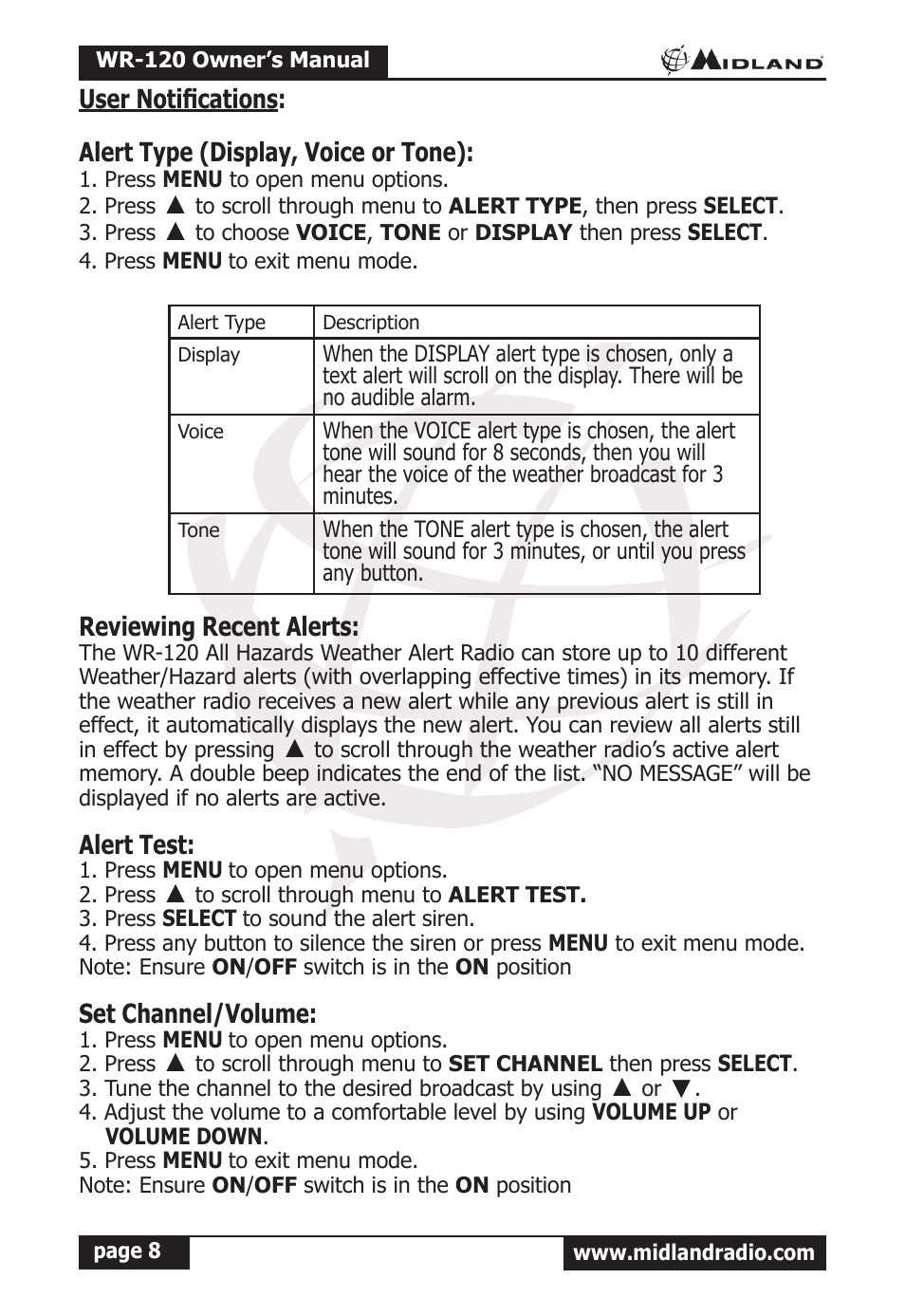 Reviewing recent alerts, Alert test, Set channel/volume | MIDLAND WR-120 Owner Manual User Manual | Page 9 / 39