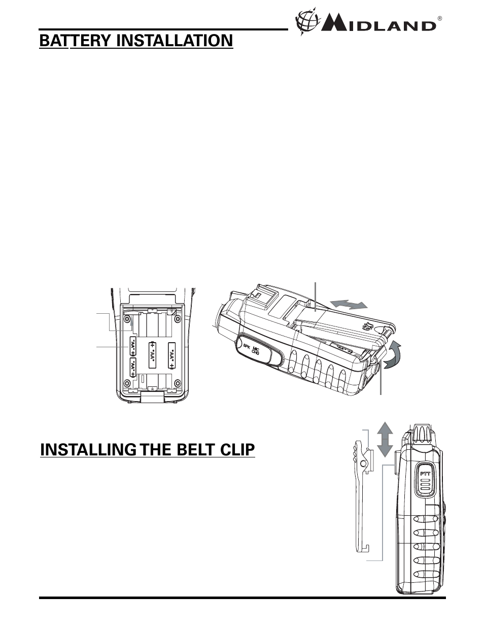 Battery installation, Installing the belt clip | Midland Radio NAUTICO 3 User Manual | Page 6 / 20