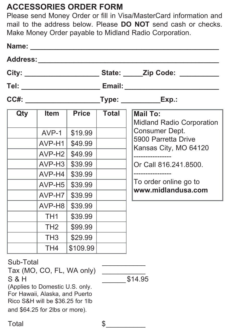 Accessories order form | MIDLAND X-TRA TALK  LXT118 User Manual | Page 12 / 12