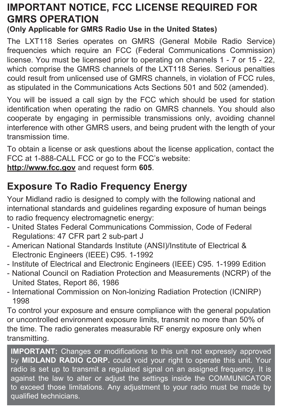Exposure to radio frequency energy | MIDLAND X-TRA TALK  LXT118 User Manual | Page 3 / 12