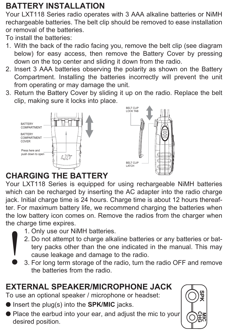 Battery installation, Charging the battery, External speaker/microphone jack | MIDLAND X-TRA TALK  LXT118 User Manual | Page 5 / 12