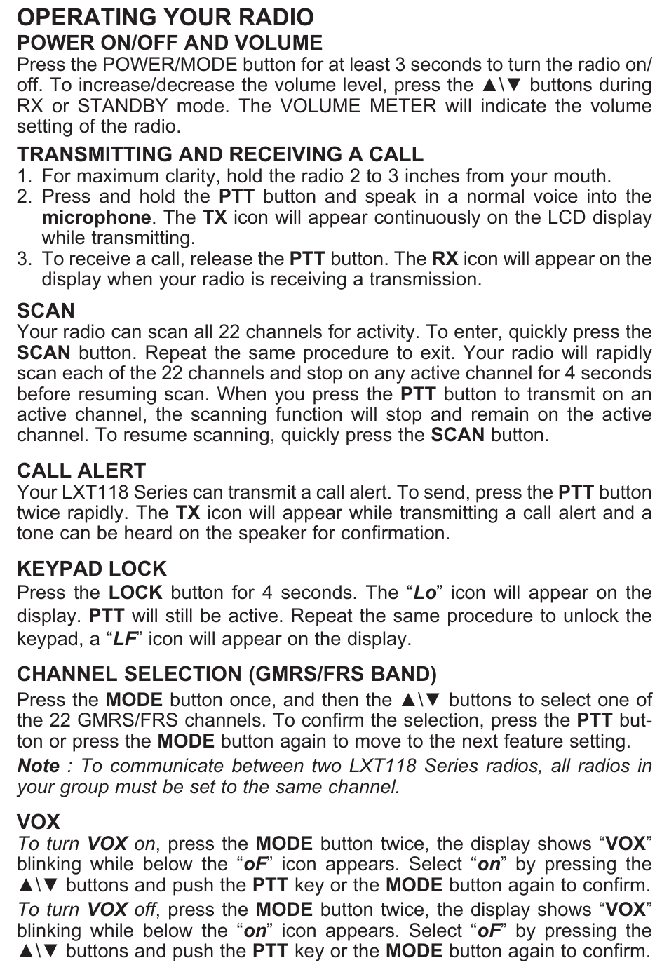 Operating your radio, Power on/off and volume, Transmitting and receiving a call | Scan, Call alert, Keypad lock | MIDLAND X-TRA TALK  LXT118 User Manual | Page 6 / 12