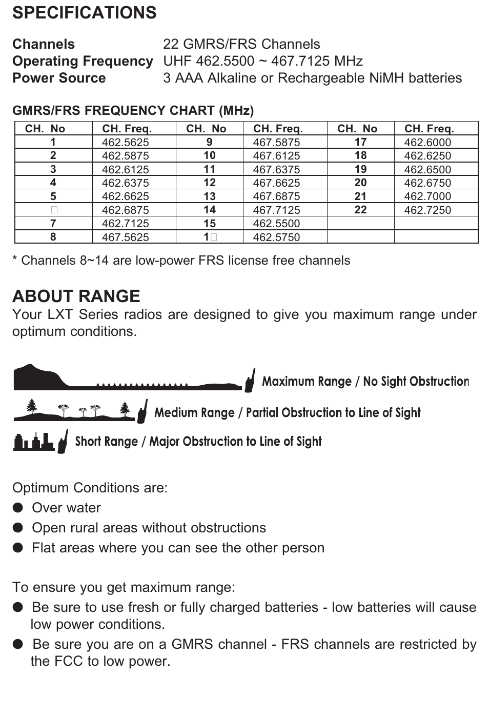 Specifications, About range | MIDLAND X-TRA TALK  LXT118 User Manual | Page 7 / 12