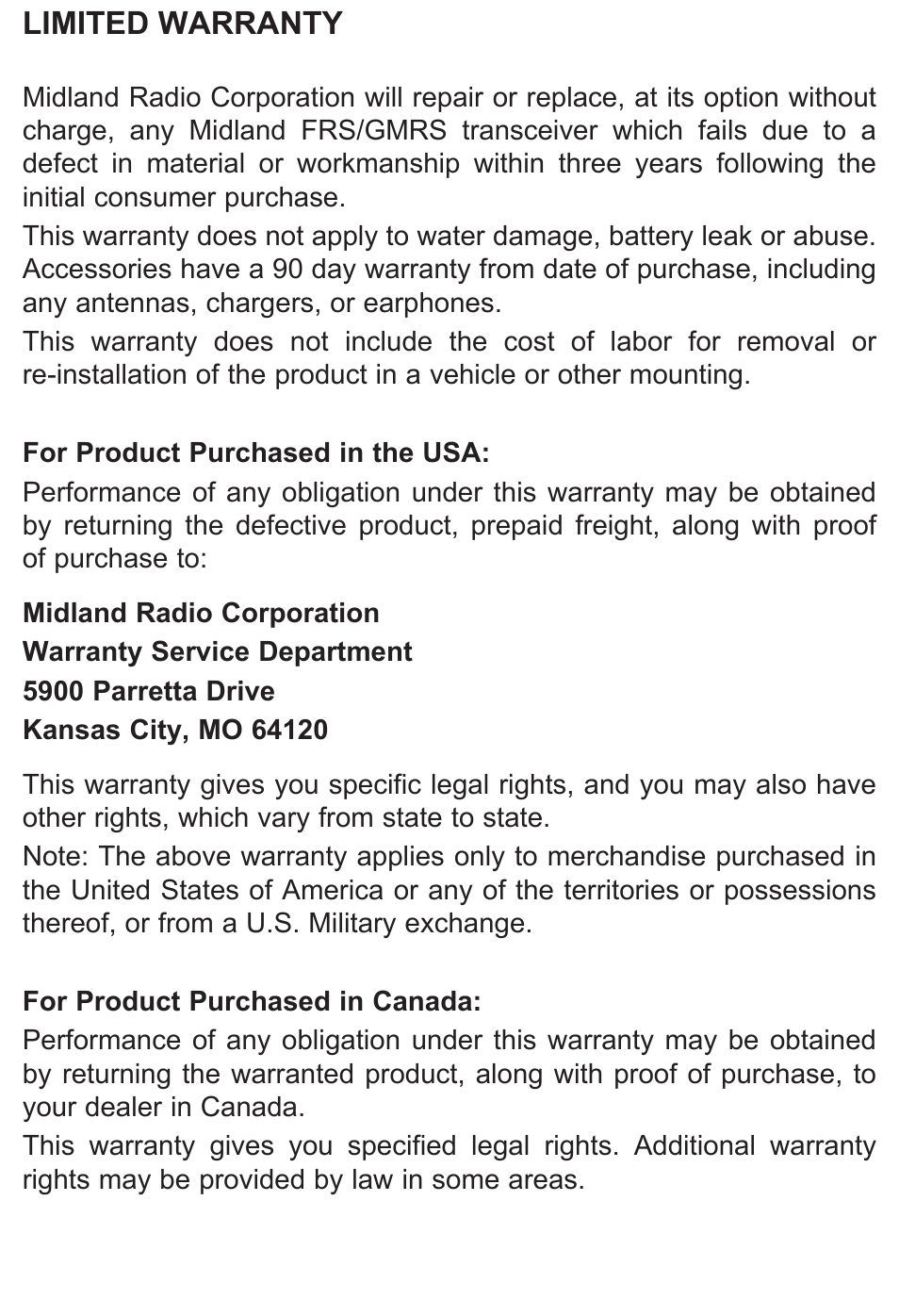 Limited warranty | MIDLAND X-TRA TALK  LXT118 User Manual | Page 8 / 12