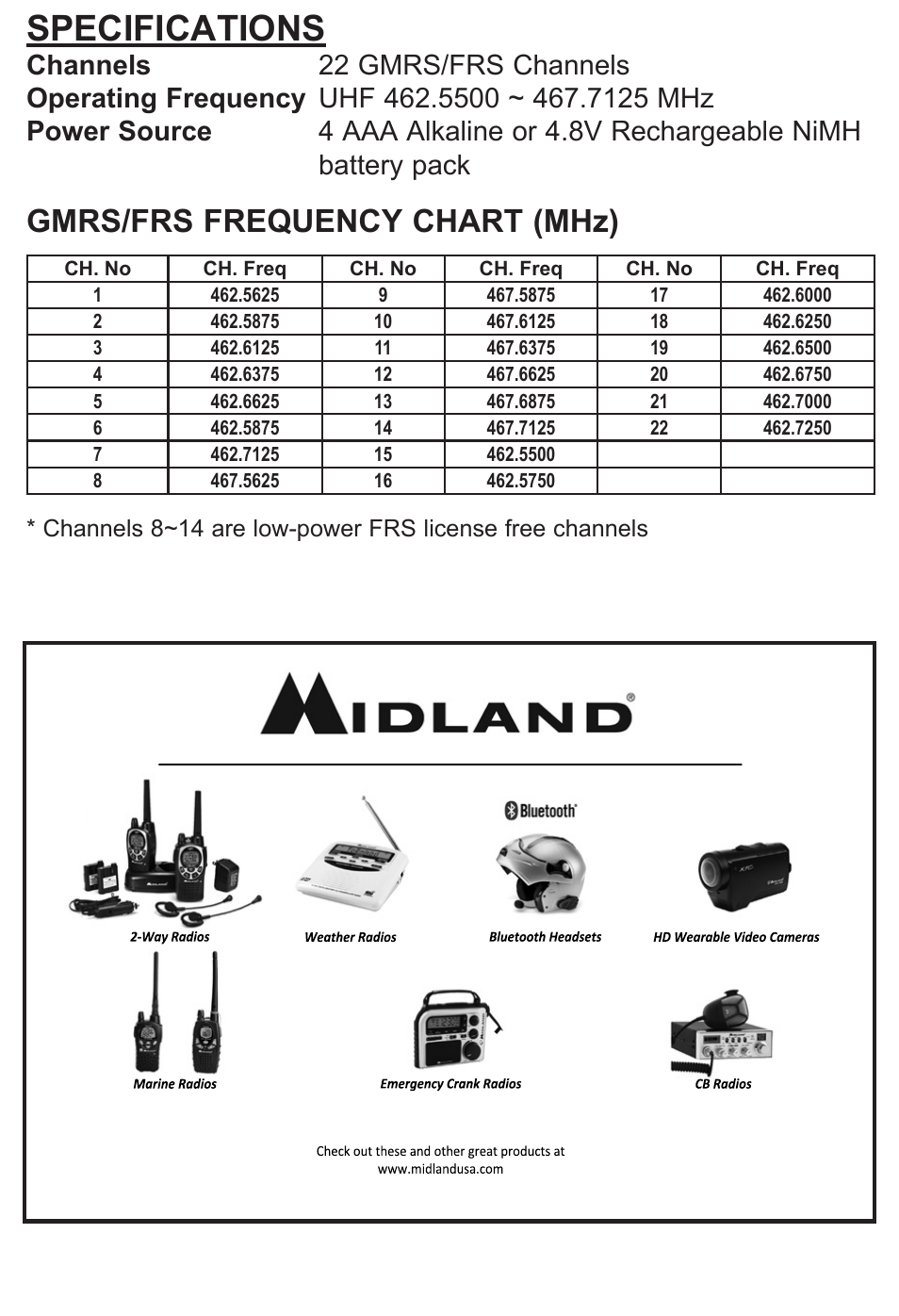 Specifications, Gmrs/frs frequency chart (mhz) | MIDLAND LXT500/535 User Manual | Page 11 / 16