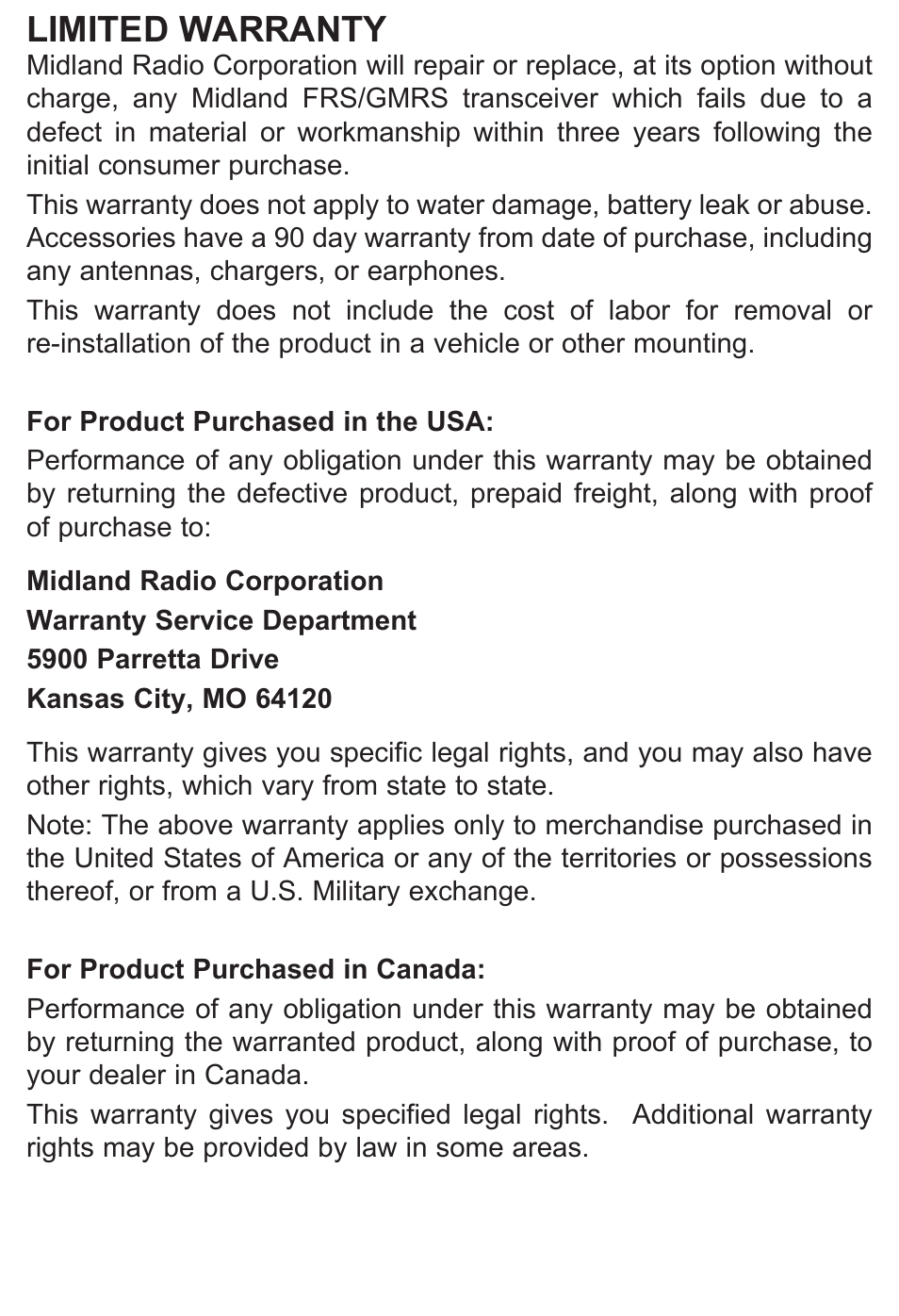 Limited warranty | MIDLAND LXT500/535 User Manual | Page 12 / 16
