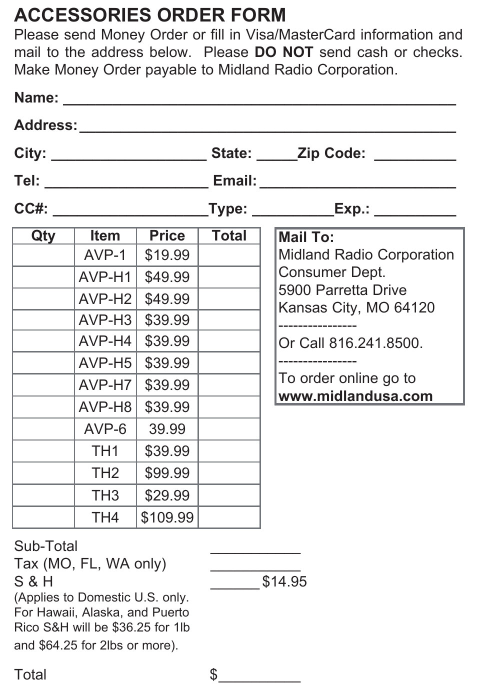 Accessories order form | MIDLAND LXT500/535 User Manual | Page 15 / 16