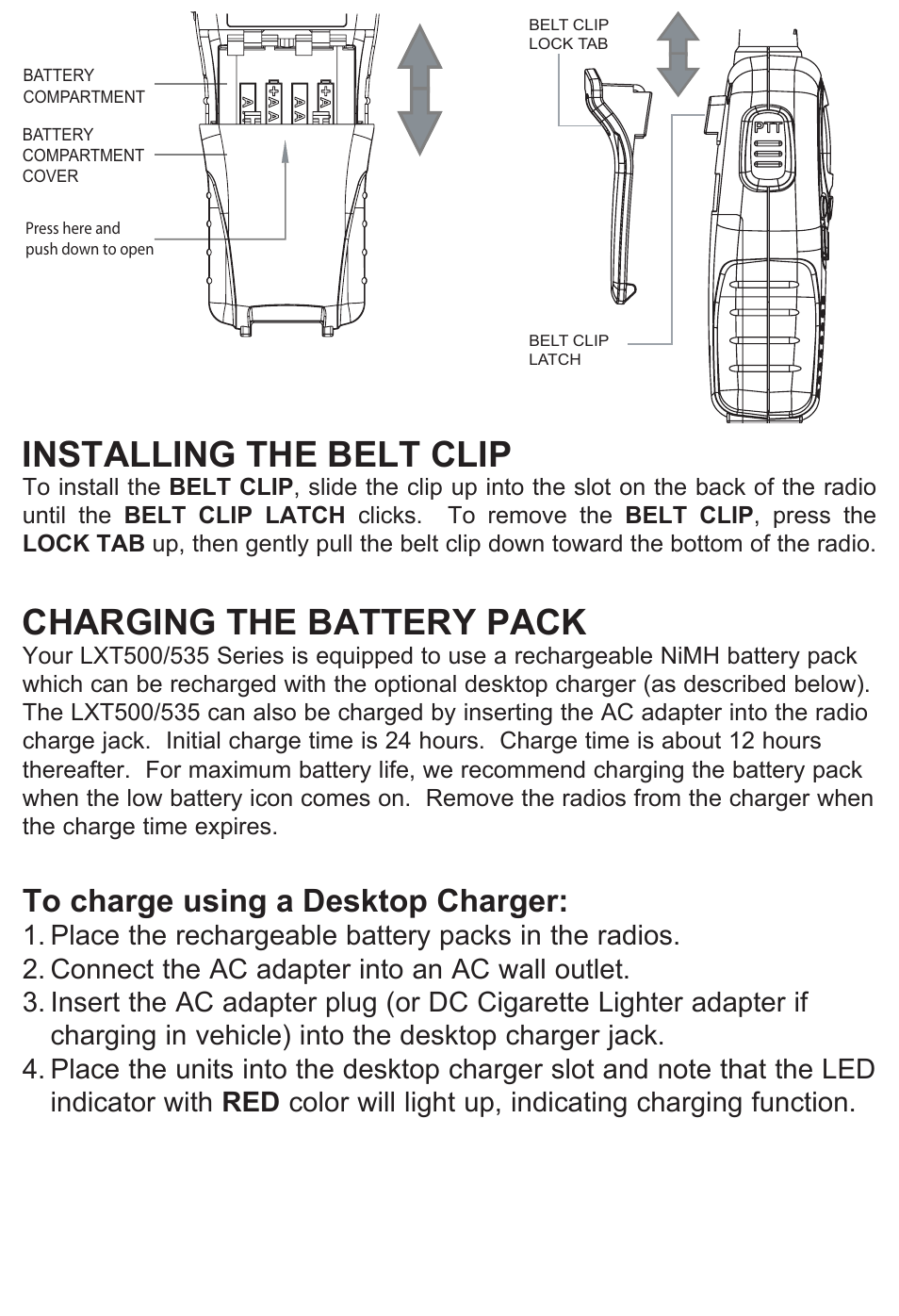 Installing the belt clip, Charging the battery pack, To charge using a desktop charger | MIDLAND LXT500/535 User Manual | Page 5 / 16