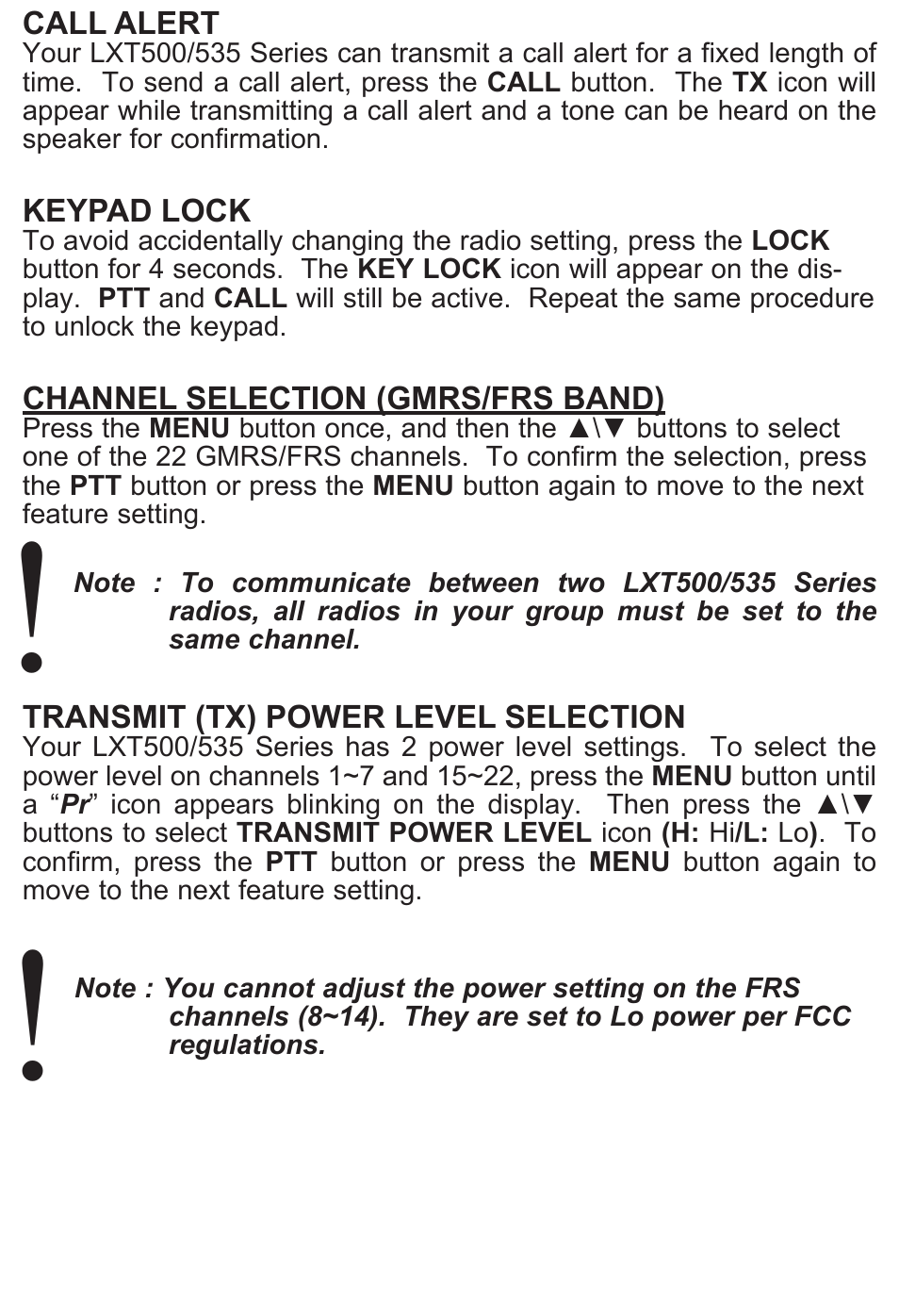 Call alert, Keypad lock, Channel selection (gmrs/frs band) | Transmit (tx) power level selection | MIDLAND LXT500/535 User Manual | Page 8 / 16